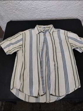 L.A. Blues Men's Short Sleeve Button-Up Shirt - Cream, Blue, Olive Stripes Sz Sm